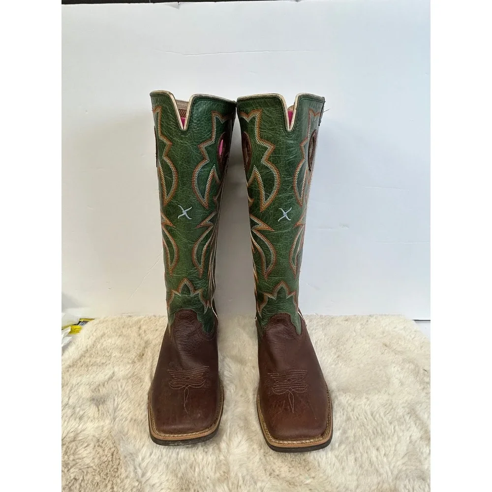 Twisted X Kids Ruff Stock Green Brown Leather Western Cowboy Boots YBK0005 4M